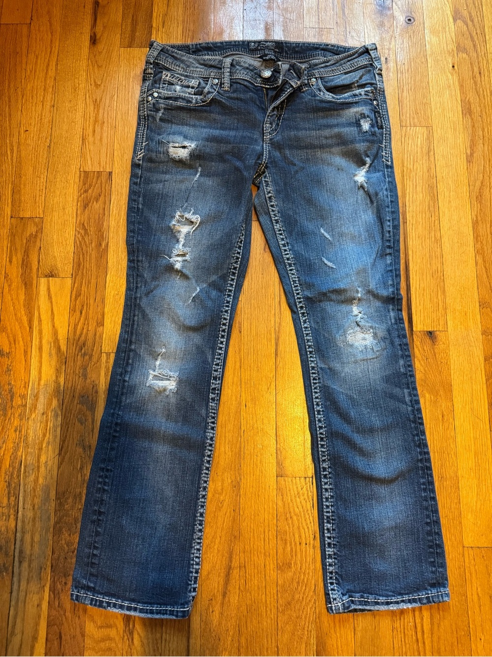 Silver Jeans Women's Distressed Dark Blue Aiko Baby Boot Jeans